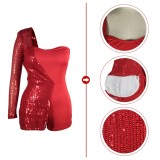 Trendy Red Sequines Single Shoulder One Sleeve Blazer Romper