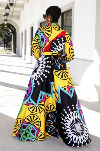 Colorful Print Turndown Collar Button Long Sleeve Maxi Dress with Belt