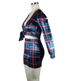 Multi Plaid Wrap Tied Long Sleeves V-Neck Crop Top and Skirt 2PCS Set