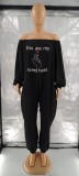 Print Black Off Shoulder Long Sleeve Loose Jumpsuit with Pocket