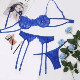 Blue Lace Cami Bra and G String Galter Lingerie 3PCS Set