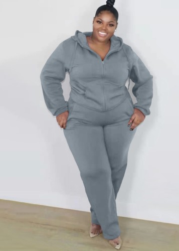 Plus Size Gray Long Sleeve Zip Drawstring Hoody Top and Sweatpants 2PCS Set