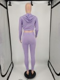 Purple Long Sleeve Zip Drawstring Hoody Crop Top and Pants 2PCS Set