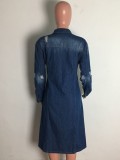 Dk-Blue Long Sleeve Button Up Turndown Collar Long Denim Dress