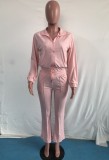 Pink Zipper Up Long Sleeve Drawstring Top and Pants with Pocket 2PCS Set