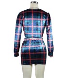 Multi Plaid Wrap Tied Long Sleeves V-Neck Crop Top and Skirt 2PCS Set