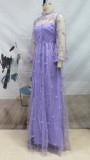 Purple Mesh Patched Long Sleeves Side Slit Maxi Dress