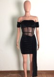 Black Velvet Off Shoulder Short Sleeve Ruched Mini Dress