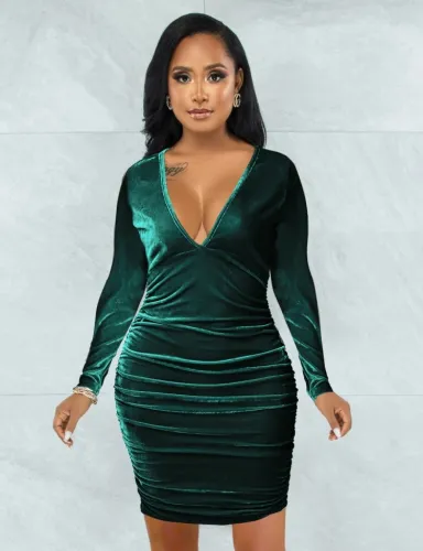 Green Velvet V-neck Ruched Long Sleeve Skinny Midi Dress