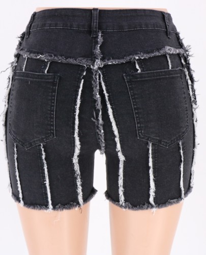 Black Line Raw Edge High Waist Jeans Shorts with Pocket