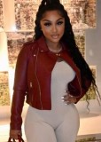 Red Pu Leather Zipper Open Long Sleeve Jacket with Pocket