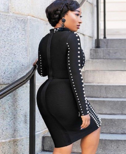 Rhinestone Beaded Black Long Sleeve Midi Neck Skinny Midi Dress