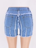 Blue Line Raw Edge High Waist Jeans Shorts with Pocket