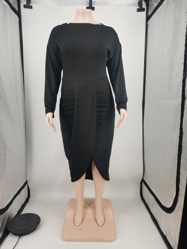 Plus Szie Black Solid Ruched Long Sleeve Asymmetric Long Dress
