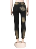 Black Tie Dye High Waist Fitted Jeans with Pocket