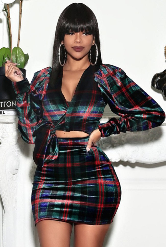 Multi Plaid Wrap Tied Long Sleeves V-Neck Crop Top and Skirt 2PCS Set