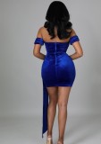 Blue Velvet Off Shoulder Short Sleeve Ruched Mini Dress