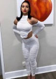 White Cut Out Long Sleeve Ruched Crop Top And High Waist Pant 2PCS Set