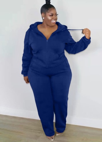 Plus Size Blue Long Sleeve Zip Drawstring Hoody Top and Sweatpants 2PCS Set
