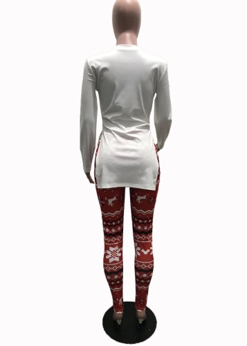 Christmas Print Long Sleeve Slit Fitted Long Top and Red Pants 2PCS Set