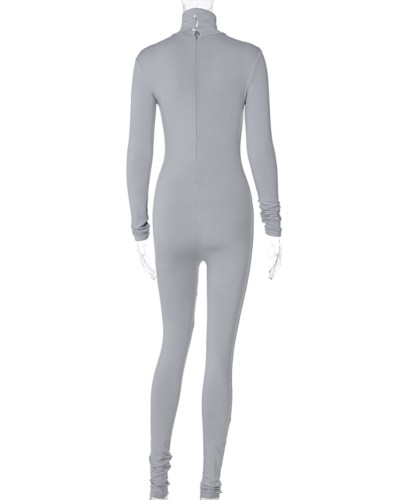 Grey Long Sleeve High Neck Skinny Jumpsuit
