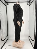 Plus Size Black Long Sleeve Zip Drawstring Hoody Top and Sweatpants 2PCS Set