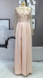 Pink Sequined Mesh Patched Long Sleeves Side Slit Pleated Maxi Dress