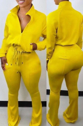 Yellow Zipper Up Long Sleeve Drawstring Top and Pants with Pocket 2PCS Set