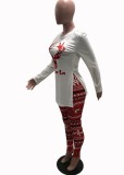 Christmas Print Long Sleeve Slit Fitted Long Top and Red Pants 2PCS Set