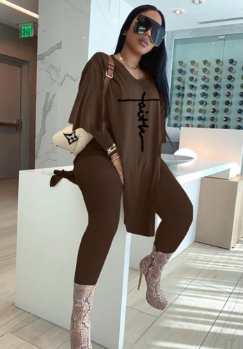 Embroidered Brown Long Sleeve V-Neck Oversize Tee and Fitted Pants 2PCS Set