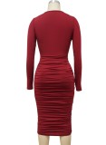 Red Deep-V Long Sleeve Bodycon Midi Dress