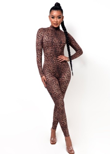 Leopard Print Long Sleeve High Neck Skinny Jumpsuit