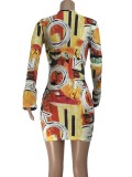 Print Hollow Out Plunge Neck Flare Sleeve Mini Dress