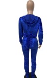 Blue Velvet Ruched Long Sleeves Drawstring Hoody Jumpsuit with Pocket