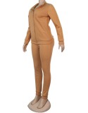 Khaki Zipper Open Long Sleeves Top and Tight Pants 2PCS Set