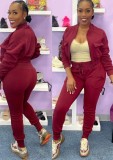 Red Zip Up Long Sleeve Jacket with Pocket and Sweatpants 2PCS Set