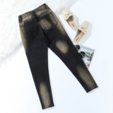 Black Tie Dye High Waist Fitted Jeans with Pocket