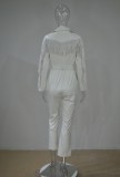 White Leather Turndown Collar Button Up Fringe Jumpsuit with Belt