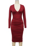 Red Deep-V Long Sleeve Bodycon Midi Dress