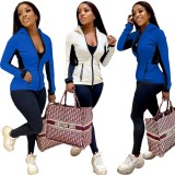 Blue and Black Contrast Zip Up Long Sleeve Hoody Top and Pants 2PCS Set