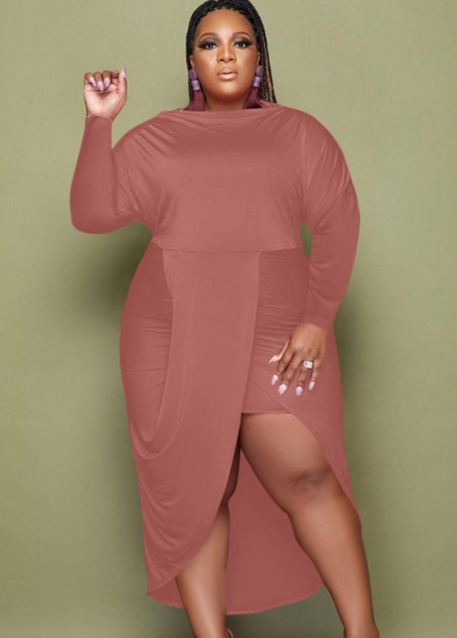 Plus Szie Pink Solid Ruched Long Sleeve Asymmetric Long Dress