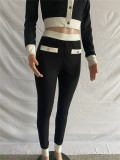 Black and White Contrast Button Up Long Sleeve Top And Pant 2PCS Set
