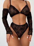 Black Lace See Through Bra And High Cut Panty With Sleeve Lingerie 3PCS Set