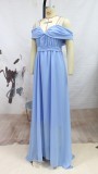 Blue Off Shoulder Short Sleeve Pleated Maxi Dress