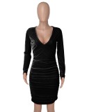 Black Velvet V-neck Ruched Long Sleeve Skinny Midi Dress