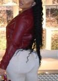 Red Pu Leather Zipper Open Long Sleeve Jacket with Pocket