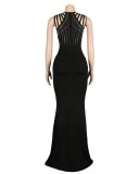 Black Beaded V-Neck Hollow Out Sleeveless Slim Fit Mermaid Maxi Dress