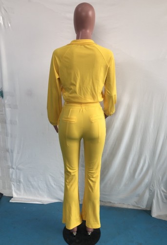 Yellow Zipper Up Long Sleeve Drawstring Top and Pants with Pocket 2PCS Set