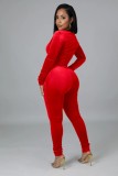 Red Velvet Zipper Up Turtleneck Long Sleeve Sheath Jumpsuit