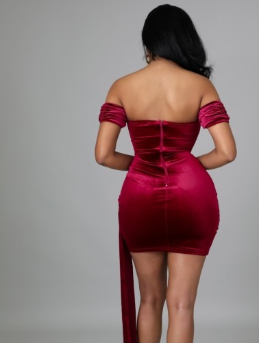 Red Velvet Off Shoulder Short Sleeve Ruched Mini Dress